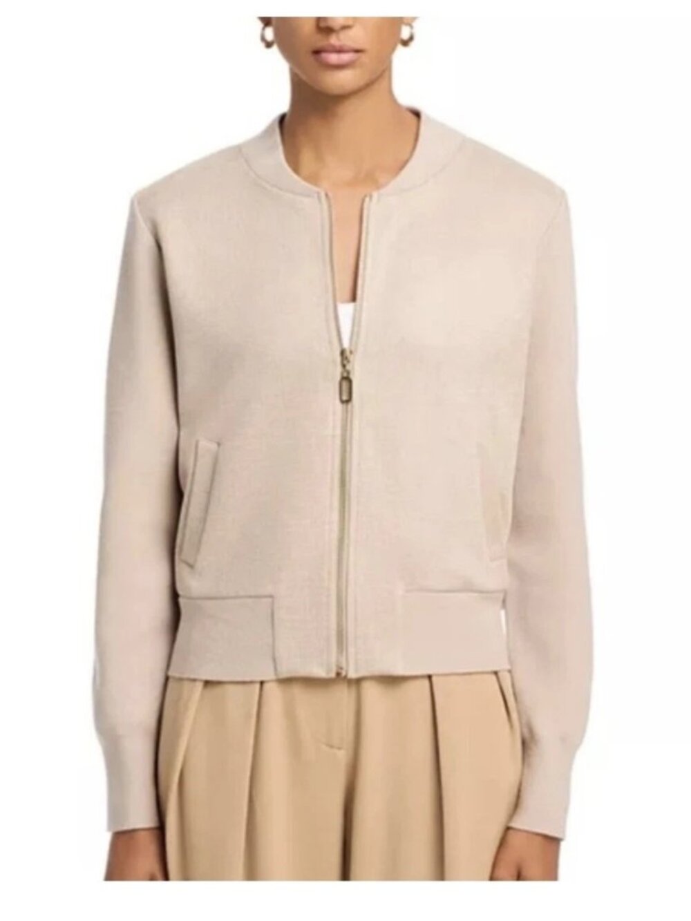 Sioni Faux Suede Bomber Cream Jacket Gold Tone Zip Front Long Sleeve Size L NWOT